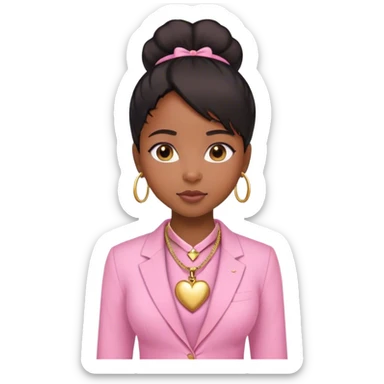 Black girl with straight hair down with baby edges and formal clothes that are pink for her interview and a gold heart necklace  sticker