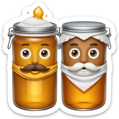 Garama and Madundung are together a gray container of salt and a honey container with a cloth on top. They each have eyes with white in the middle, a mouth, nose, and mustache both customary to their colors. They have hairy legs and emit an aura of salt (Garama), and honey (Madundung). sticker