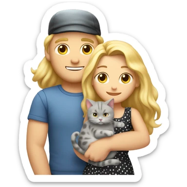 3 objects - a beautiful blonde with long hair and a polka-dotted dress, a bald handsome man in a cap and a rock T-shirt, and a fat gray cat with black spots. The man hugs the blonde and holds the cat in his hands sticker