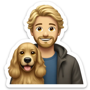 smiling bearded dark blonde boy with and long hair with dog indoors sticker