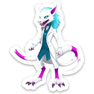 White elegant beautiful natural cute badass epic anthro modern albino sergal-vernid-Fakémon with cyan mane and magenta eyes with cyan edgy stripes, anthropomorphic, two-legged, digitigrade, full body sticker