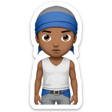 a gangster in torn gray underpants, a white T-shirt, with a blue bandana on his left shoulder and a black cap sticker