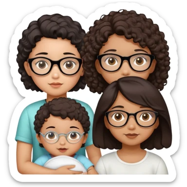 make a girl with black glasses and mid length brown hair, an indian girl with short curly brown hair, an asian boy with black hair that covers one of his eyes, and a white baby girl with a bob sticker