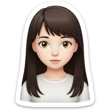 brunette girl with dark brown eyes, pale rosy skin, long hair and wispy bangs and a white top  sticker