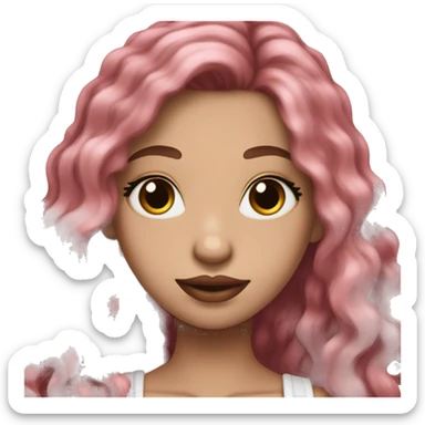 Long dark red middle part hair very Long lashes, white skin and pink lips, braces sticker