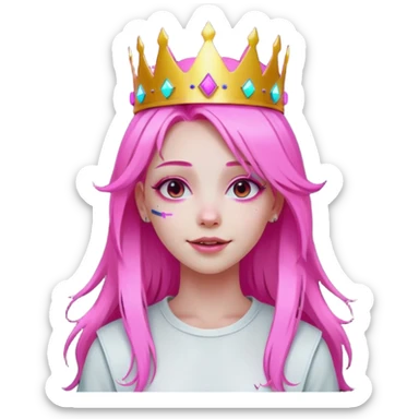 girl neon cyberpunk light pink happy long hair crown white and pink sticker