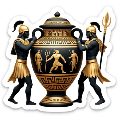 Cinematic-realistic Grecian urn, an exquisite black-figure pottery masterpiece resting in the dim glow of an ancient temple. Intricate golden depictions of two warrior fighting with spears and warriors encircle its curved form, telling timeless myths of heroism and tragedy.  sticker