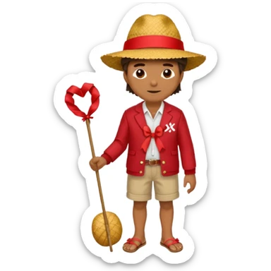 Make a guy with a straw hat and the hat has a red rebin and a red jacket and sandals and a x on he's chest sticker
