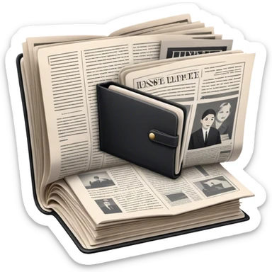 Icon for Non-Fiction & Narrative Reading: an open book with black-and-white photos on the pages, surrounded by a pile of newspaper clippings, and an open folder with top-secret documents. The icon should reflect the blend of real stories and facts in non-fiction literature. Transparent background. sticker