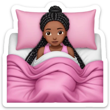 A dark-skinned Black woman with black box braids, lying on her side in bed, wrapped in a blanket, resting on a pink pillow sticker