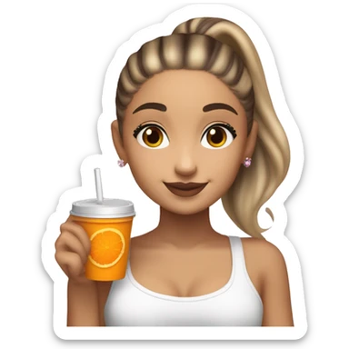 Ariana Grande holding a cup of orange juice and a chocolate chip cookie in the other hand ￼ sticker