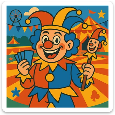 Add a vibrant circus background behind the wacky joker clown playing card, keeping the playful and whimsical vibe. sticker