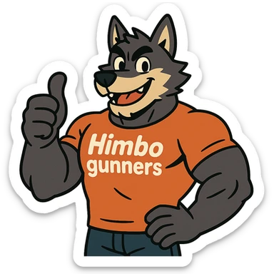 muscular wolf furry, giving a thumbs up, wearing a t-shirt that says 'Himbo gunners' sticker