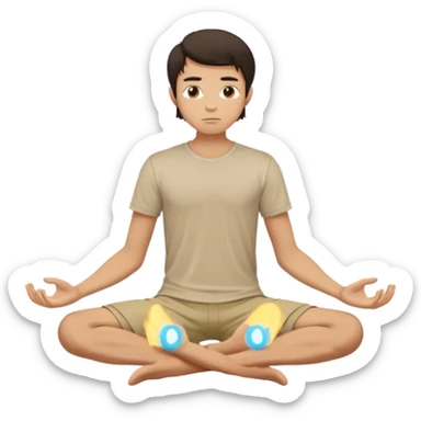 rapaz magro cabelo escuro, camiseta bege e  bermuda bege escuro, corpo inteiro meditan sticker