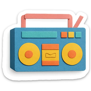 modern boombox with simple shapes and playful colors, paper-craft style sticker