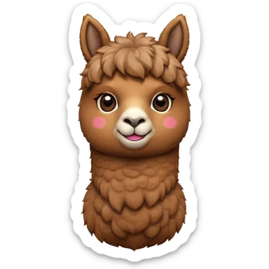 Cinematic Cute Brown Alpaca Portrait Emoji, Head tilted playfully and inquisitively, featuring a plush, rich brown fleece with a natural sheen, round, sparkling warm eyes filled with curiosity, Simplified yet irresistibly adorable features, highly detailed, glowing with a warm, friendly glow, high shine, affectionate and gentle, stylized with a touch of whimsy, bright and endearing, soft glowing outline, capturing the essence of a mischievous yet loving alpaca, so playful it feels like it could prance out of the screen and into your arms! sticker