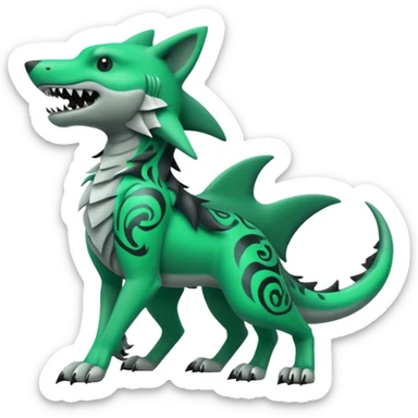 Edgy cool badass Neon-green landhai-sergal-wolf-canine, with a shark tail, with black and dark-green swirly patterns markings sticker