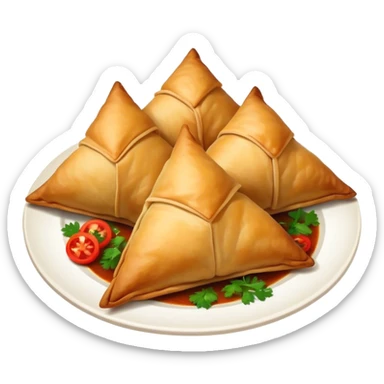 Samosa Cinematic Realistic Samosa Snack Emoji, depicted as a crispy, golden triangular pastry filled with spiced vegetables or meat, rendered with rich textures and vibrant, appetizing lighting. sticker
