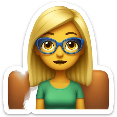 Chica pixar rubia con ojos azules y gafas cuadradas de metal dorado. Está sentada en un sofá con un gato naranja de ojos color miel y una gata tricolor de ojos verdes sticker
