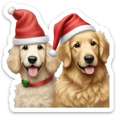 Make a goldendoodle and a golden retriever sitting next to each other with Christmas hats  sticker