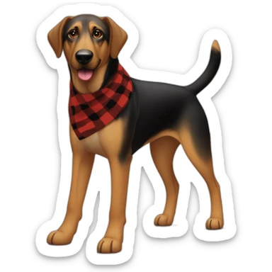 adult 75% Coonhound 25% German Shepherd mix dog with visible tail wearing small pointed red buffalo plaid bandana full body walking left quickly sticker