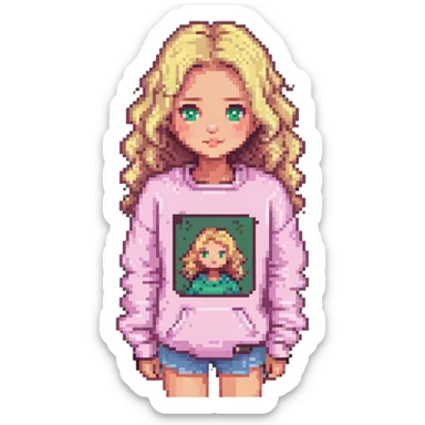 avatar of a girl with blonde wavy hair wearing a pink sweatshirt, pixel art style sticker