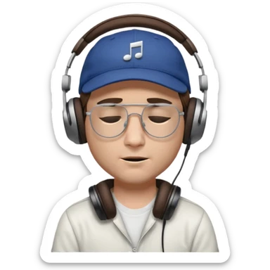 dj man white with baseball cap - rayban glasses - brown hair - closed eyes with headphones on with musical note over head (listening to music ) - eyes closed no glasses  sticker
