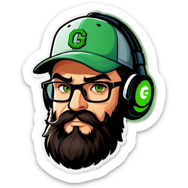 A man with a grey baseball cap, green eyes, big dark brown beard and glasses, gamers headset sticker
