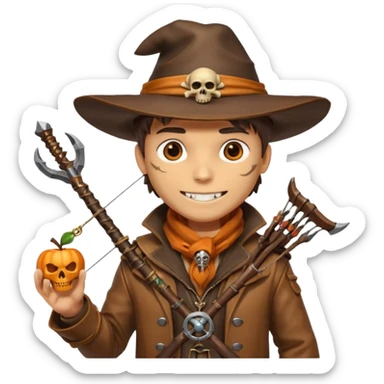 male human monster hunter emoji, wearing brown leather coat and wide hat, holding crossbow, with amulet shaped like skull, Halloween fantasy theme, confident smile, orange scarf, Apple emoji style, clean white background, square image sticker