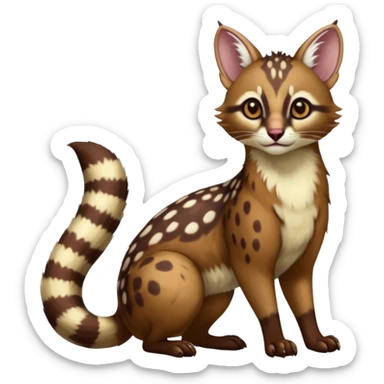 Colorful dark realistic chocolate-brown tropical beige fur glorious divine exotic cute cool beautiful shiny beautiful fantasy-Furret-caracal-civet-genet-sergal-vernid-Cacomistle-oncilla-animal-hybrid-fursona with white deer-spots pattern markings (full body) sticker