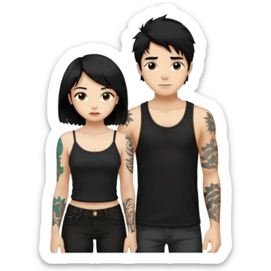 generate a fair boy with messy black hair, tattoos. standing beside a fair black haired girl wearing a black cami top. sticker