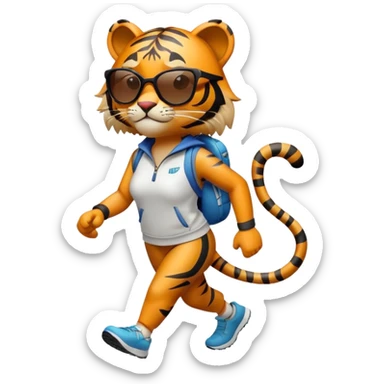 female energetic anthropomorphised tiger in sports clothes, wearing dark sunglasses, walking upright, dynamic pose sticker