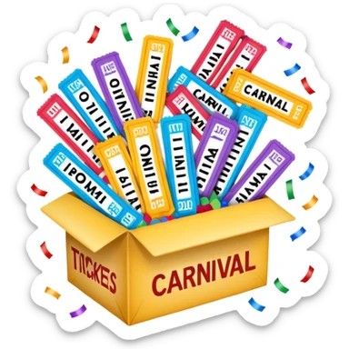 a box with the words "carnival pack" with tickets as a bundle, confetti in it etc  sticker