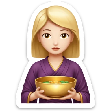 A woman  holds a Buddhist bowl in her hands. There is a glow around the girl. sticker