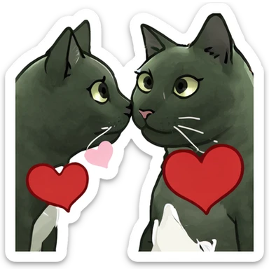 Big black cat is kissing a small white cat with hearts above sticker