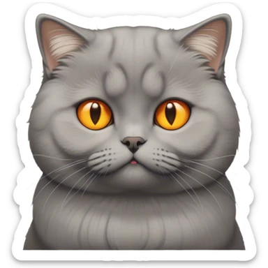 The photo shows a cat with a dense physique, short plush gray wool. His tail is fluffy and slightly darker than the rest of the wool. The cat has large round eyes of rich yellow-orange color, which give it an expressive and slightly surprised look. The ears are small and curved forward - this is a characteristic feature of the Scottish lop-eared breed. This cat looks at emojis condemningly sticker