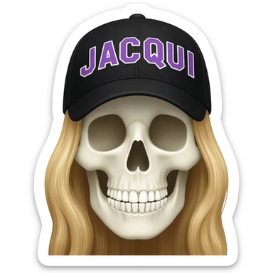 Create a skeleton head wearing a black baseball cap that says " J A C Q U I " in purple, and white lettering, with long blonde hair sticker
