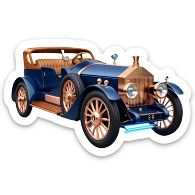 dark blue led lights on a hot rodded delicately inlaid rose gold and wood accentuated a chauffeur driven 1889 Rolls Royce futuristic electric plasma motors and dynamos with wide racing wheels that are strong agility advanced suspension and steering sticker
