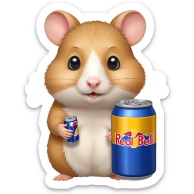 Funny hamster wide eyed with a can of redbull sticker