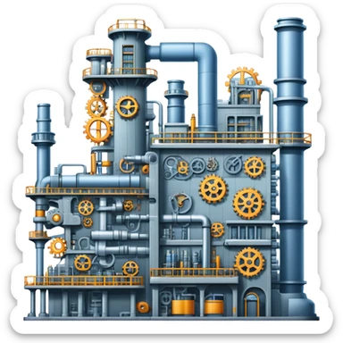 An icon featuring a giant factory with industrial machines and assembly lines, symbolizing mechanical engineering. The design includes gears, robotic arms, and blueprints, representing the creation of machinery and complex systems. Transparent background highlights innovation in manufacturing sticker