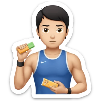 A asian male athlete holding a protein bar and frowning deeply sticker