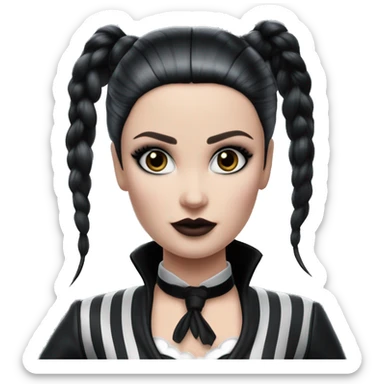 Jeffery New York Lingerie Barbie Wednesday Addams from academy in vertically striped gray and black outfit. riding hot rod bikes with crows sticker