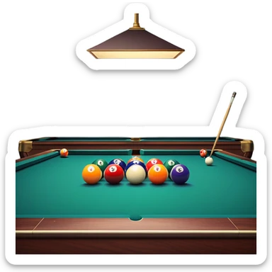 A billiard table with colorful balls arranged in a triangle, and a cue stick poised to break. The scene is set in a dimly lit room, with focused lighting highlighting the balls and table, emphasizing skill, precision, and strategy in the game of pool. sticker