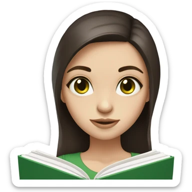 Girl with green eyes, shoulder length dark brown hair, pale skin, reading a book  sticker