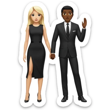 Blonde woman, black, Long, tight, sleveless Dress, Slot left Leg,man in suit sticker