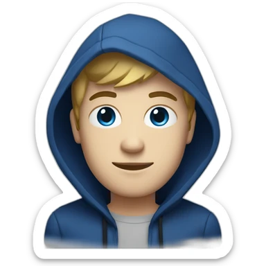 White young Adult Developer with a dark blue hood behind his computer and focus on his code  sticker