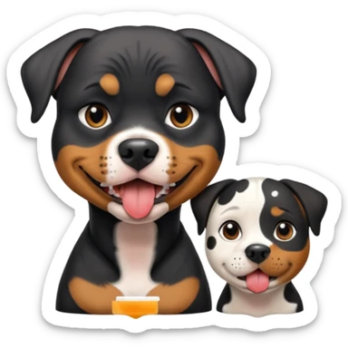 Pitt bull rottweiler white muzzle with black spots tongue out next to one older woman with short silver hair sticker