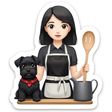 pale girl with long back hair wearing black shirt wearing apron holding black schnauzer sticker