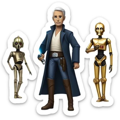 well-equipped jedi first order human-sized darkblue-pearl friendly bounty hunter c3po droid wearing a leather wild west duster coat holding light saber ready to fight but relaxed. antiqued sticker