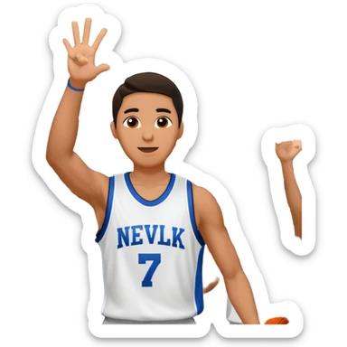 Maverick Trevillian in the crowd at an amateur basketball game. He leans towards the camera and enthusiastically shouts "six seven while performing a distinctive hand gesture: both hands open, palms facing upward, moving up and down as if weighing two options. sticker